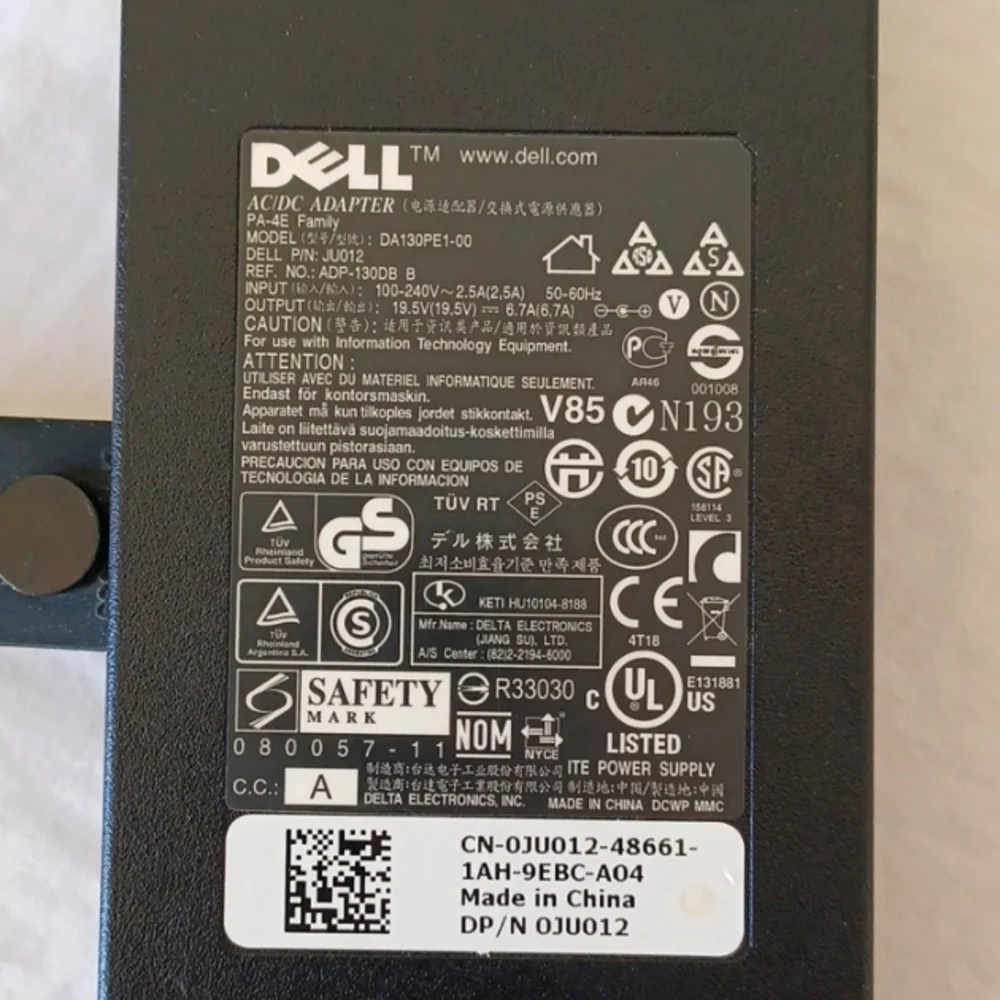 Dell AC/DC Laptop Adapter 19.5V & Power Cord Black Model DA130PE1-00